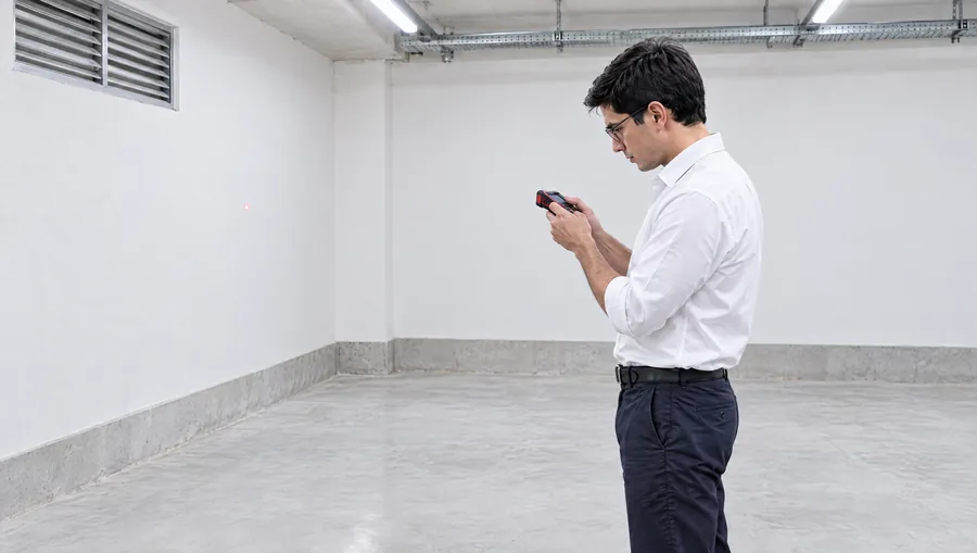 El Ingeniero de Estudio TREO mide con un medidor láser el local vacío del subsuelo donde va a ir el grupo electrógeno, mirando la pantalla del equipo